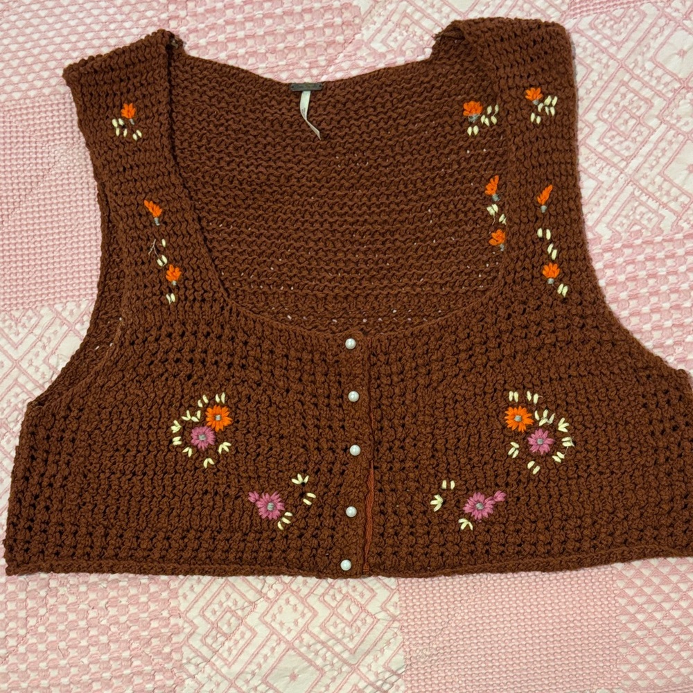 Free People Brown Crochet Crop Top with Floral Embroidery